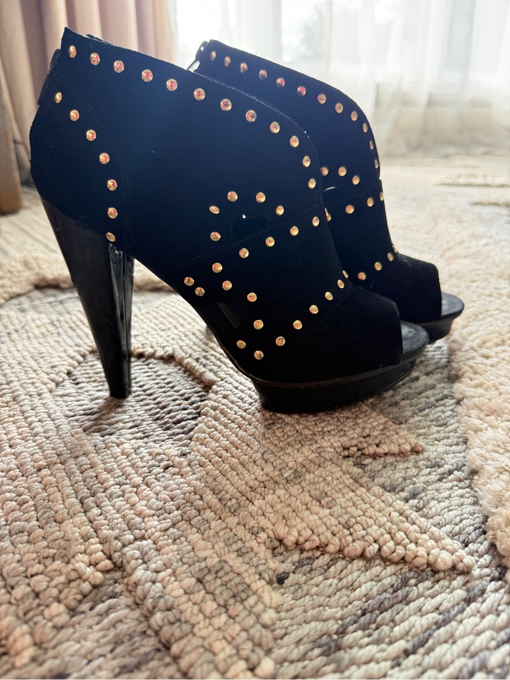 Steve Madden Black Suede Studded Peep-Toe High Heel Booties